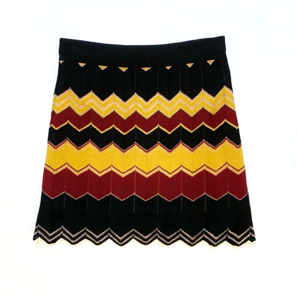 MISSONI black burgundy red gold zig zag print knit mini skirt - Picture 1 of 6